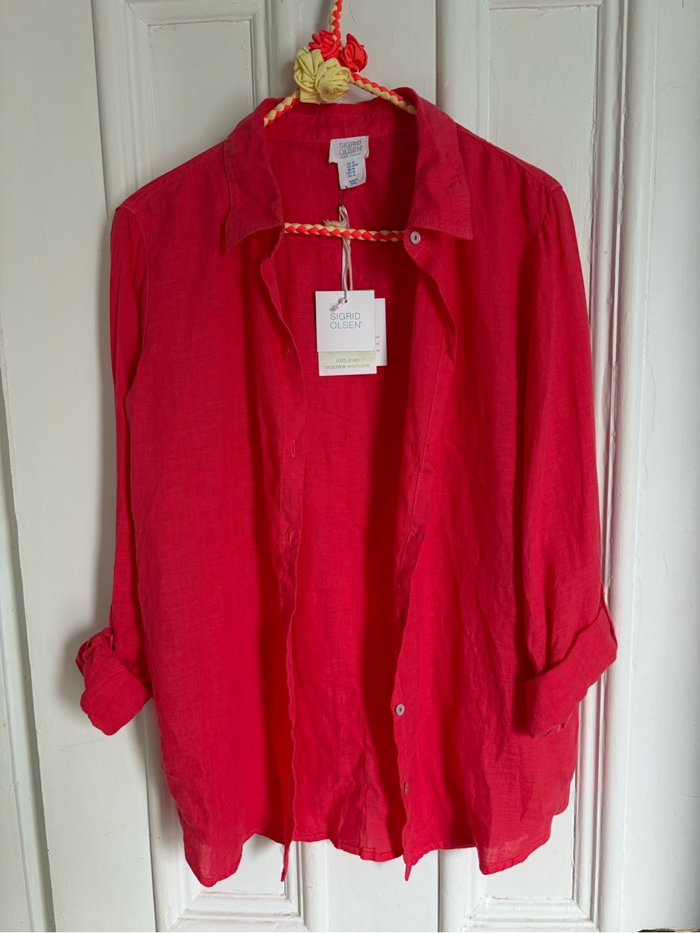 NWT Sigrid Olsen Coral Pink 100% Linen Button-Down Shirt